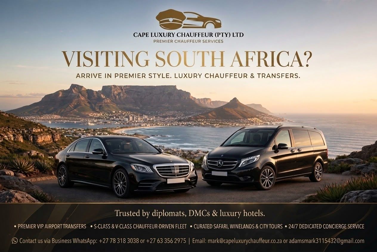 Two luxury black vehicles overlooking Cape Town and Table Mountain